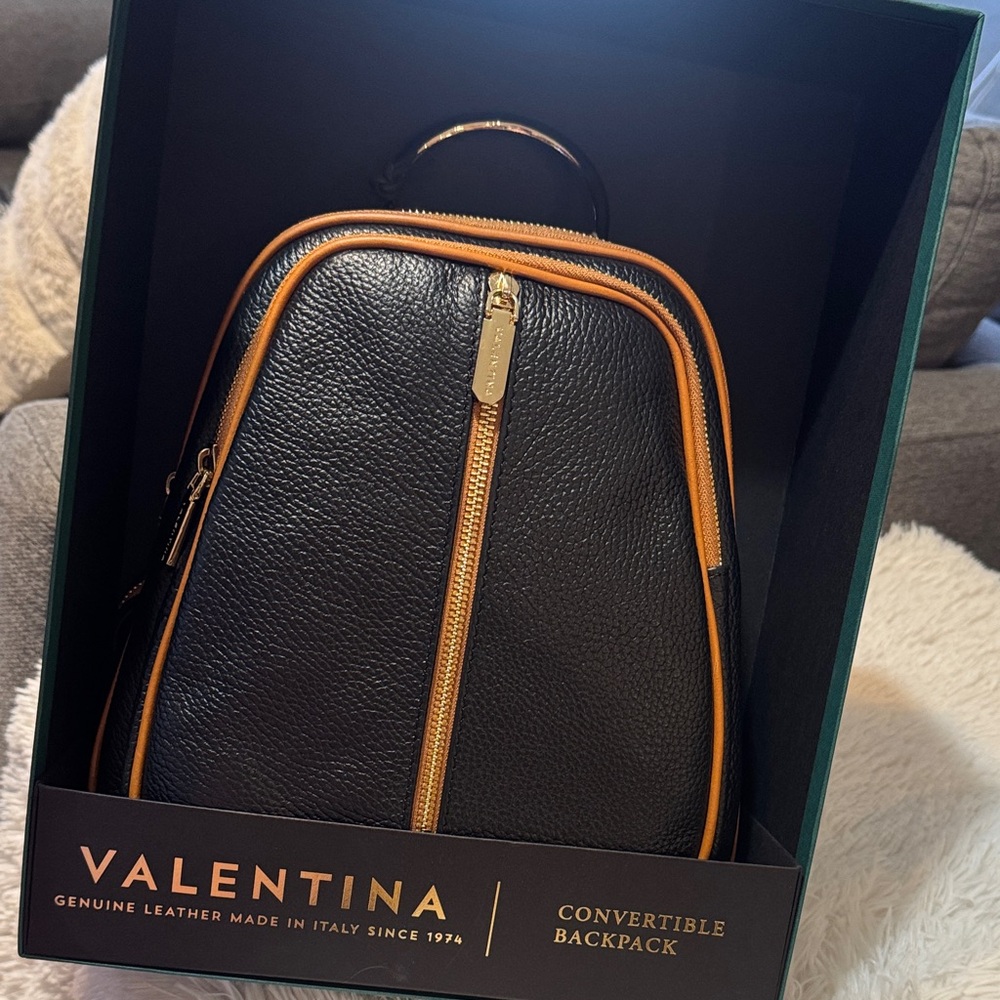 Valentina Black Leather Backpack with Tan Trim